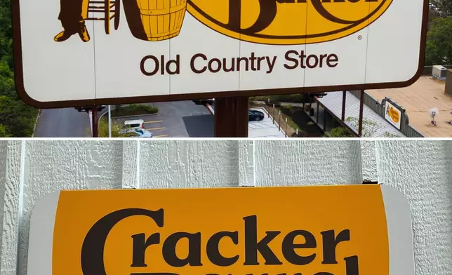 This combination of images shows the original a Cracker Barrel restaurant logo at a restaurant in Binghamton, N.Y., on Aug. 23, 2025, top, and the new Cracker Barrel logo displayed in New York on Aug. 21, 2025. (AP Photo)