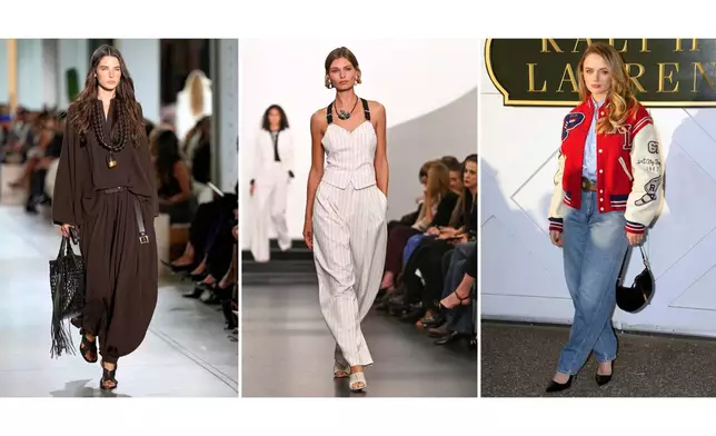 This combination of images shows examples of barrel pants from the Michael Kors Spring/Summer 2026 fashion show in New York on Sept. 11, 2025, left, the Ralph Lauren Spring 2026 fashion show in New York on Sept. 10, 2025, center, and on actor Joey King as she attends the Ralph Lauren Spring/Summer 2025 fashion show in Bridgehampton, N.Y. on Sept. 5, 2024. (AP Photo)