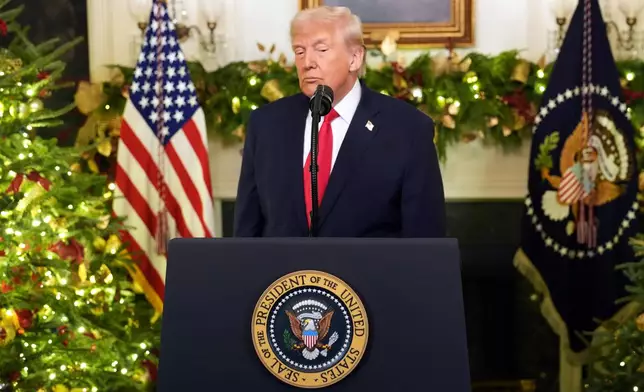 President Donald Trump finishes his remarks in an address to the nation from the Diplomatic Reception Room at the White House, Wednesday, Dec. 17, 2025, in Washington. (Doug Mills/The New York Times via AP, Pool)