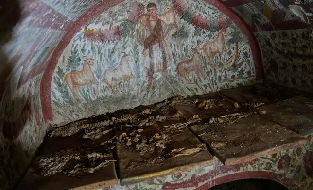 A fresco depicting Jesus as the "Good Shepherd" adorns the wall of a 3rd-century tomb in Hisardere, where archaeologists uncovered one of Anatolia's best-preserved early Christian artworks, in Iznik, Turkey, Friday, Dec. 12, 2025. (AP Photo/Khalil Hamra)