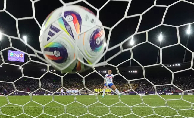 England's Lucy Bronze celebrates after scoring a penalty during a shootout at the end of the Women's Euro 2025 quarterfinal soccer match between Sweden and England at Stadion Letzigrund in Zurich, Switzerland, July 17, 2025. (AP Photo/Martin Meissner, File)