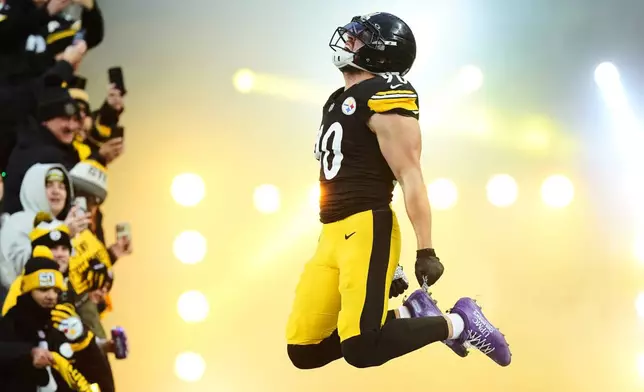 Pittsburgh Steelers linebacker T.J. Watt enters the field before an NFL football game against the Buffalo Bills, Nov. 30, 2025, in Pittsburgh. (AP Photo/Matt Freed, File)