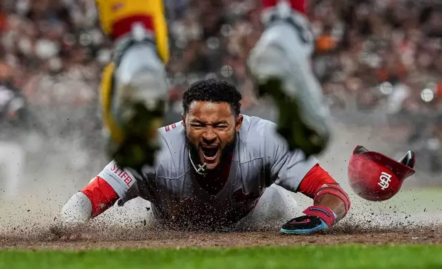 St. Louis Cardinals' Victor Scott II, bottom, scores against the San Francisco Giants on Brendan Donovan's double during the ninth inning of a baseball game, Sept. 23, 2025, in San Francisco. (AP Photo/Godofredo A. Vásquez, File)