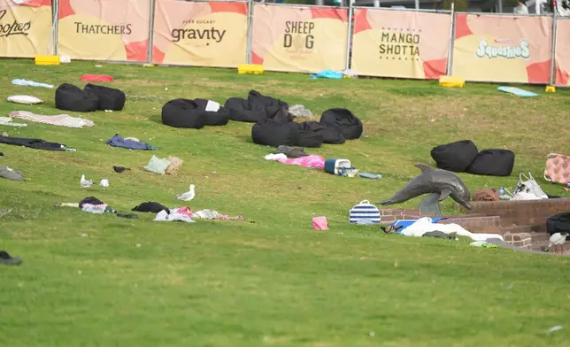 Personal belongings are left on a grassy area in the early morning following a shooting Sunday at Sydney's Bondi Beach, Monday, Dec. 15, 2025. (AP Photo/Mark Baker)