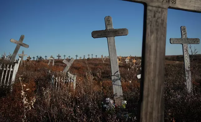 Grave markers are tilted due to thawing permafrost at a cemetery in Kotzebue, Alaska, Friday, Sept. 26, 2025. (AP Photo/Annika Hammerschlag)
