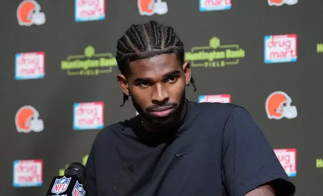 Cleveland Browns quarterback Shedeur Sanders speaks at a news conference after an NFL football game against the San Francisco 49ers, Sunday, Nov. 30, 2025, in Cleveland. (AP Photo/Sue Ogrocki)