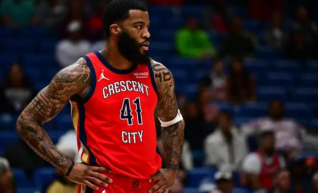 New Orleans Pelicans guard-forward Saddiq Bey looks on in the first half of an NBA basketball game against the Minnesota Timberwolves in New Orleans, Thursday, Dec. 4, 2025. (AP Photo/Ella Hall)