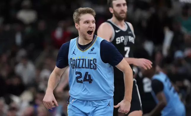 Memphis Grizzlies guard Cam Spencer (24) reacts after scoring against the San Antonio Spurs during the second half of an NBA basketball game in San Antonio, Tuesday, Dec. 2, 2025. (AP Photo/Eric Gay)