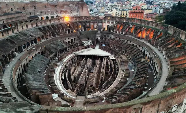 An aerial view of the Colosseum, in Rome, Thursday, Dec. 4, 2025. (AP Photo/Alessandra Tarantino)