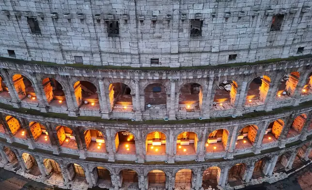 An aerial view of the Colosseum, in Rome, Thursday, Dec. 4, 2025. (AP Photo/Alessandra Tarantino)