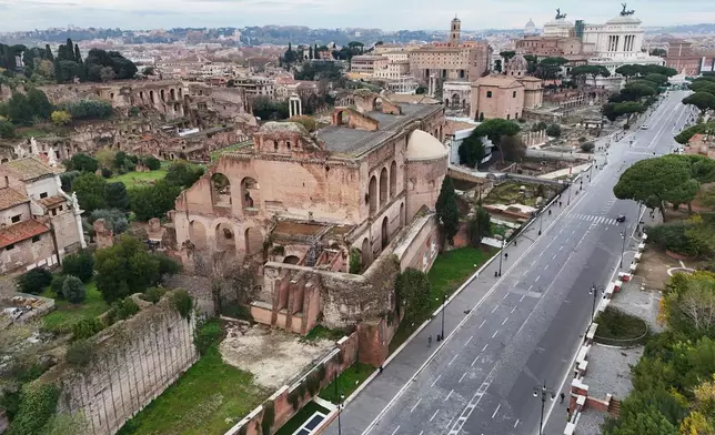 An aerial view of the Roman Forum, in Rome, Thursday, Dec. 4, 2025. (AP Photo/Andrew Medichini)