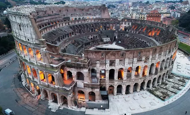 An aerial view of the Colosseum, in Rome, Thursday, Dec. 4, 2025. (AP Photo/Alessandra Tarantino)