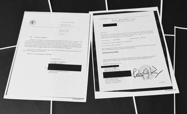 Pages that show New York grand jury subpoenas being issued into the Jeffrey Epstein and Ghislaine Maxwell investigation, then pages of redactions that follow, in this document released by the U.S. Justice Department, are photographed, Friday, Dec. 19, 2025, in Washington. (AP Photo/Jon Elswick)
