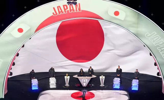 From left; former NFL player Tom Brady, former NBA player Shaquille O'Neal, broadcaster Samantha Johnson, former England soccer captain Rio Ferdinand, New York Yankees' Aaron Judge and former NHL player Wayne Gretzky participate in the draw for the 2026 soccer World Cup at the Kennedy Center in Washington, Friday, Dec. 5, 2025. (AP Photo/Alex Brandon)