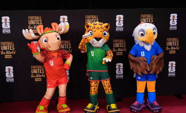 The tournament mascots pose on the red carpet as guests arrive for the draw for the 2026 soccer World Cup at the Kennedy Center in Washington, Friday, Dec. 5, 2025. (AP Photo/Julia Demaree Nikhinson)