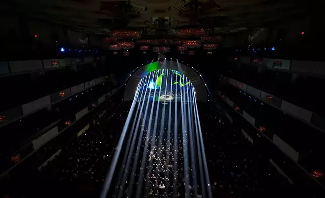 Singer Andrea Bocelli performs during the draw for the 2026 soccer World Cup at the Kennedy Center in Washington, Friday, Dec. 5, 2025. (AP Photo/Alex Brandon)