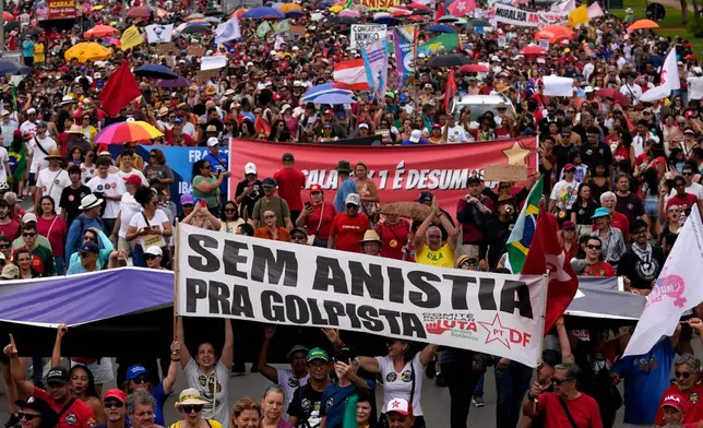Demonstrators protest a bill that looks to reduce former President Jair Bolsonaro's prison time, in Brasilia, Brazil, Sunday, Dec. 14, 2025. (AP Photo/Eraldo Peres)