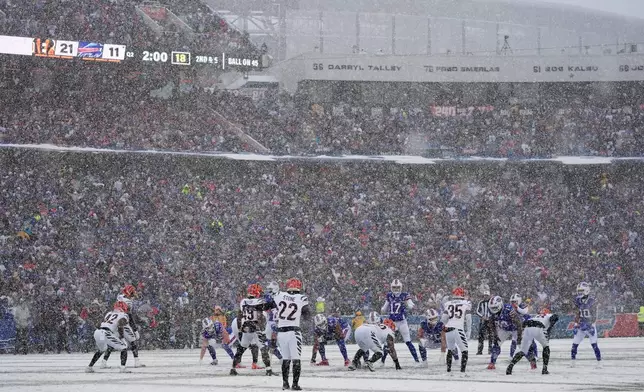 Snow falls as the Buffalo Bills line up for a play against the Cincinnati Bengals during the first half of an NFL football game, Sunday, Dec. 7, 2025, in Orchard Park, N.Y. (AP Photo/Gene J. Puskar)