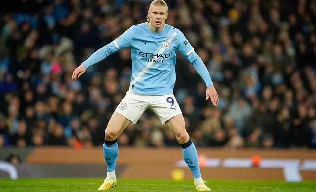 Manchester City's Erling Haaland during the English Premier League soccer match between Manchester City and Sunderland in Manchester, England, Saturday, Dec. 6, 2025. (AP Photo/Dave Thompson)