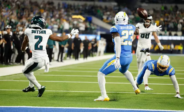Los Angeles Chargers safety Tony Jefferson (23) intercepts a pass intended for Philadelphia Eagles wide receiver Jahan Dotson (2) during overtime of an NFL football game Monday, Dec. 8, 2025, in Inglewood, Calif. (AP Photo/Caroline Brehman)