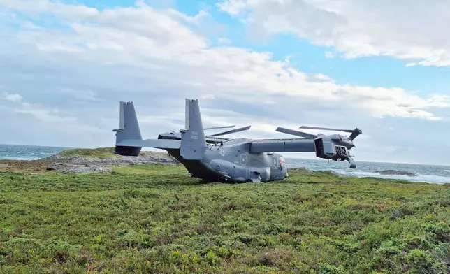 FILE - A Boeing V-22 Osprey is seen on Aug. 13, 2022, in Senja, Norway, after an emergency landing due to a clutch issue. (Norwegian Armed Forces via AP, File)