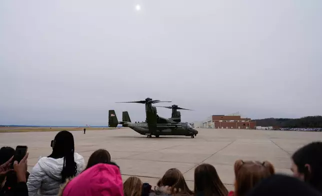 A U.S. Marine Corps MV-22 Osprey, carrying first lady Melania Trump, lands before a Toys for Tots charity drive event at Marine Corps Base Quantico, Monday, Dec. 8, 2025, in Quantico, Va. (AP Photo/Julia Demaree Nikhinson)