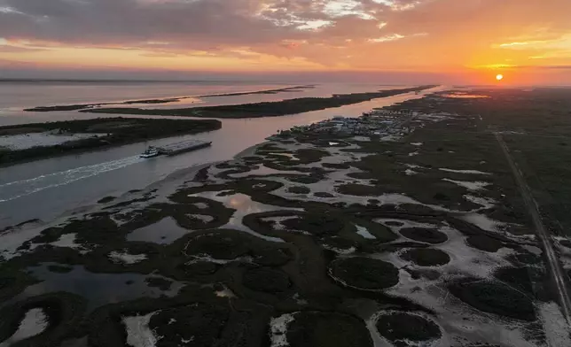 A barge moves along the Intracoastal Waterway beside the Wolfberry Whooping Crane Sanctuary and visible development, Friday, Dec. 12, 2025, near Seadrift, Texas. (AP Photo/John Locher)