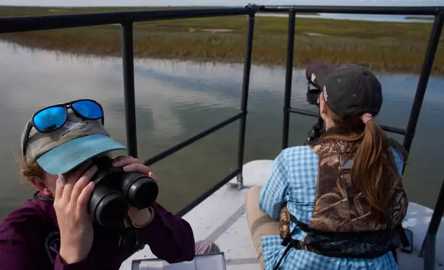 Katie Fernald, Wetland/Rangeland Ecologist, International Crane Foundation, left, and Matti Bradshaw, Leiden Whooping Crane Biologist, International Crane Foundation, study whooping cranes, Friday, Dec. 12, 2025, near Rockport, Texas. (AP Photo/John Locher)