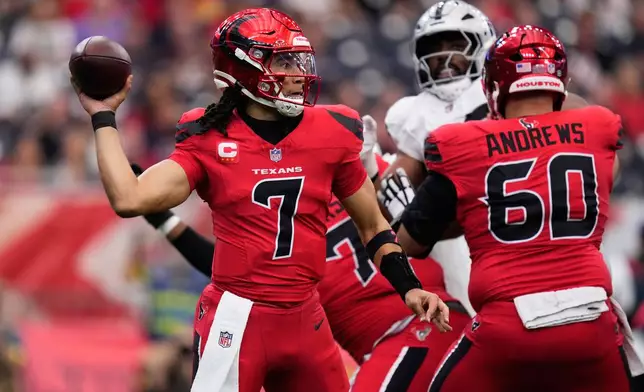 Houston Texans quarterback C.J. Stroud (7) passes against the Las Vegas Raiders during the first half of an NFL football game, Sunday, Dec. 21, 2025, in Houston. (AP Photo/Eric Christian Smith)