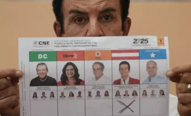 Presidential candidate Salvador Nasralla, of the Liberal Party, shows his ballot during general elections in Tegucigalpa, Honduras, Sunday, Nov. 30, 2025. (AP Photo/Moises Castillo)