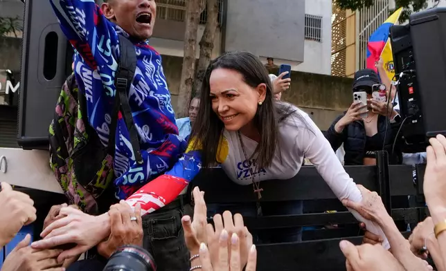 FILE - Opposition leader Maria Corina Machado greets supporters during a protest against Venezuelan President Nicolas Maduro the day before his inauguration for a third term in Caracas, Venezuela, Thursday, Jan. 9, 2025. (AP Photo/Matias Delacroix, file)