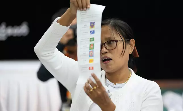 An official of the Union Election Commission counts ballots at a polling station, during the first phase of general election, in Naypyitaw, Myanmar, Sunday, Dec. 28, 2025. (AP Photo/Aung Shine Oo)
