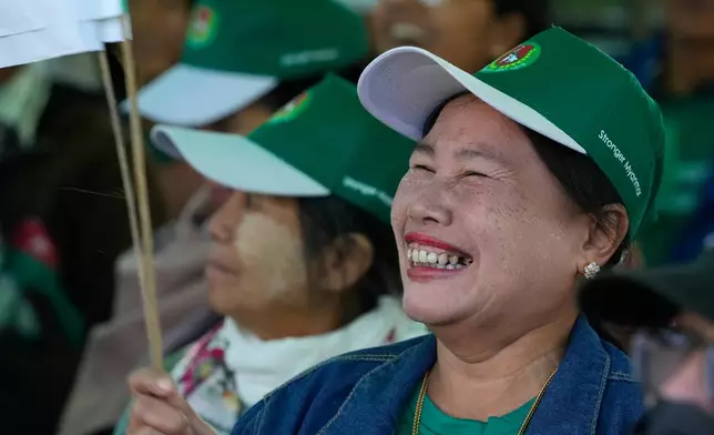Supporters of the military-backed Union Solidarity and Development Party (USDP) attend the final day of campaign for the first phase of a general election in Naypyitaw, Myanmar, Friday, Dec. 26, 2025. (AP Photo/Aung Shine Oo)
