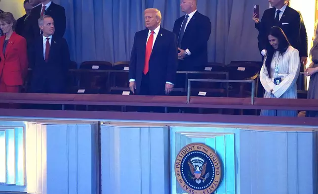 President Donald Trump stands suring his arrival at the Kennedy Center for the 2026 FIFA World Cup draw, Friday, Dec. 5, 2025, in Washington. (AP Photo/Evan Vucci)