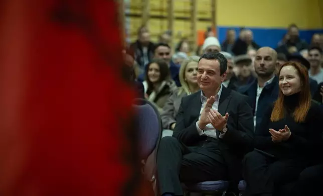 Leader of the VV (Selfdetermination) political party, Albin Kurti applauds during election rally in the capital Pristina on Wednesday, Dec. 24, 2025. (AP Photo/Visar Kryeziu)