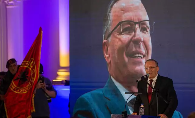 Leader of the PDK (Democratic Party of Kosovo) Bedri Hamza speaks to supporters during election rally in the town of Ferizaj on Thursday, Dec. 25, 2025. (AP Photo/Visar Kryeziu)