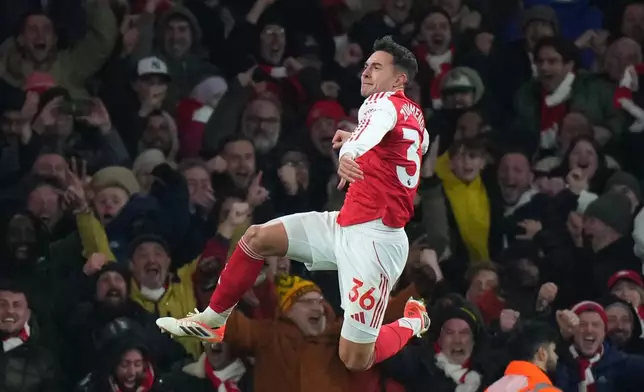 Arsenal's Martin Zubimendi celebrates after scoring his side's second goal during the English Premier League soccer match between Arsenal and Aston Villa in London, Tuesday, Dec. 30, 2025. (AP photo/Alastair Grant)