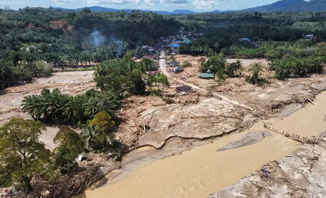 FILE - This aerial photo taken using drone shows a village affected by a flash flood in Batang Toru, North Sumatra, Indonesia, on Dec. 1, 2025. (AP Photo/Binsar Bakkara, File)