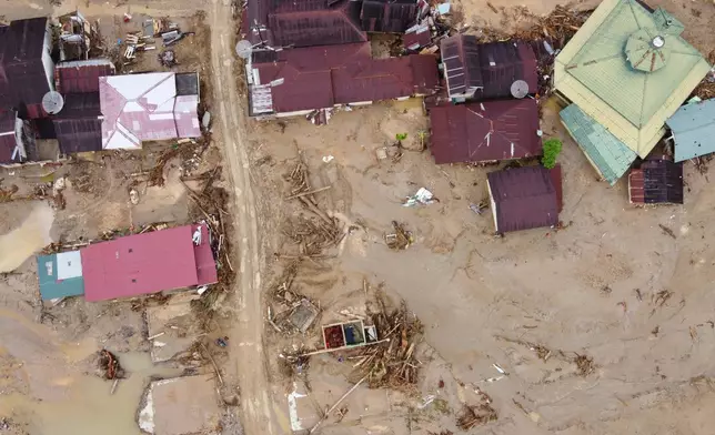 This drone shot shows the devastation at a village affected by a flash flood in Batang Toru, North Sumatra, Indonesia, Tuesday, Dec. 2, 2025. (AP Photo/Binsar Bakkara)