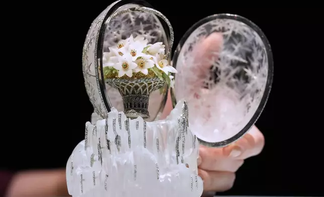 The Winter Egg by Faberge is displayed at Christie's auction rooms in London, Thursday, Nov. 27, 2025, it is expected to sell for in excess of 20 million UK Pounds when it is auctioned on Dec. 2. (AP Photo/Kirsty Wigglesworth)