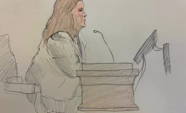 CORRECTS IDENTIFICATION This courtroom sketch depicts show FBI agent Erin Lucker on the stand during Milwaukee County Circuit Judge Hannah Dugan trial on Monday, Dec. 15, 2025 in Milwaukee, Wis. (Adela Tesnow via AP, Pool)
