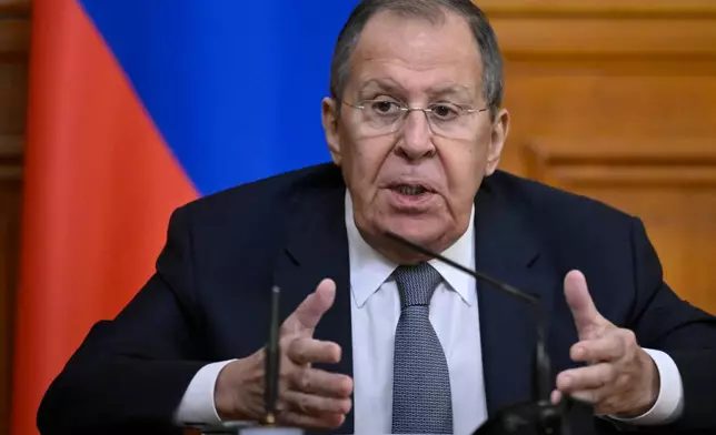 FILE - Russian Foreign Minister Sergey Lavrov gestures during a news conference in Moscow, Russia, Nov. 25, 2025. (Alexander Nemenov/Pool Photo via AP, File)