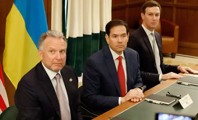 FILE - Special envoy Steve Witkoff, left, Secretary of State Marco Rubio, center, and Jared Kushner attend a meeting with Ukrainian officials, Nov. 30, 2025, in Hallandale Beach, Fla. (AP Photo/Terry Renna, File)