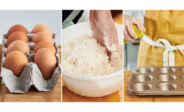 This combination of photos shows eggs, left, shortbread dough, center, and a muffin tin being prepped for baking. (Cheyenne M. Cohen via AP)
