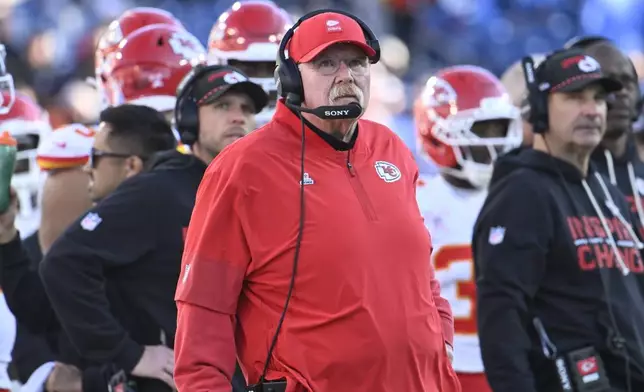 Kansas City Chiefs head coach Andy Reid watches during the second half of an NFL football game against the Tennessee Titans, Sunday, Dec. 21, 2025, in Nashville, Tenn. (AP Photo/John Amis)