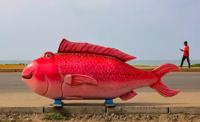 A fish fantasy coffin crafted by Eric Kpakpo Adotey is displayed by the roadside in La, Accra, Ghana, July 25, 2025. (AP Photo/Misper Apawu, File)