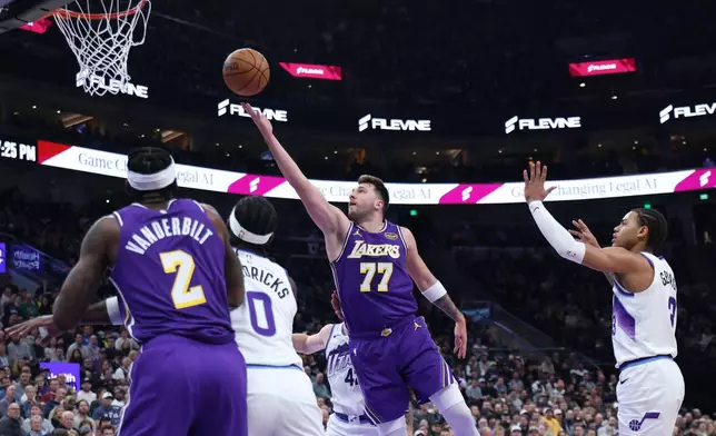 Los Angeles Lakers guard Luka Doncic (77) lays up the ball against the Utah Jazz during the first quarter of an NBA basketball game Thursday, Dec. 18, 2025, in Salt Lake City. (AP Photo/Rob Gray)