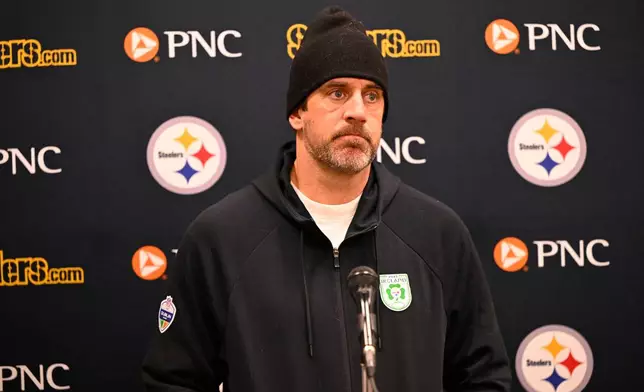 Pittsburgh Steelers quarterback Aaron Rodgers speaks during a news conference after an NFL football game against the Cleveland Browns, Sunday, Dec. 28, 2025, in Cleveland. (AP Photo/David Richard)