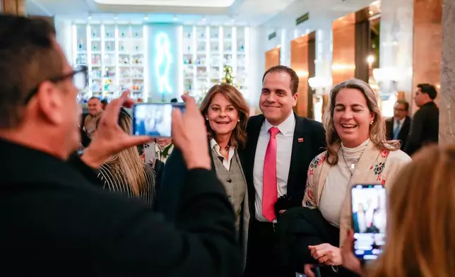 From left: Colombia's former vice president Marta Lucía Ramírez, Pedro Urruchurtu Noselli and Magalli Meda, who are collaborators with the Nobel Prize winner, Venezuelan opposition leader María Corina Machado, are seen at the Grand Hotel in Oslo, Tuesday Dec. 9, 2025. (Cornelius Poppe/NTB Scanpix via AP)
