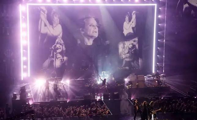 Yungblud, Steven Tyler, and Joe Perry perform a tribute to Ozzy Osbourne during the MTV Video Music Awards at UBS Arena in Elmont, N.Y., Sept. 7, 2025. (Photo by Charles Sykes/Invision/AP File)